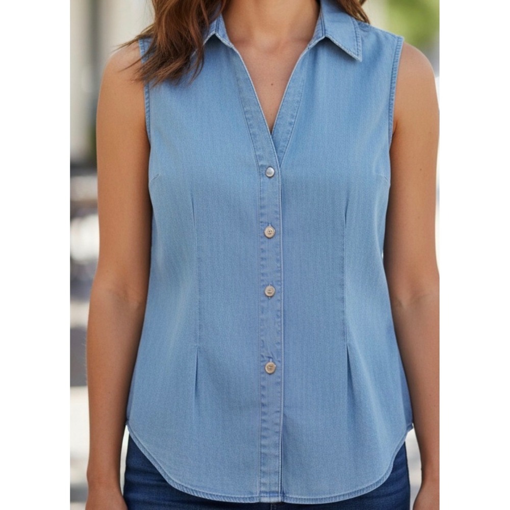 Michael Kors Womens Sleeveless Chambray Button Down Shirt Light Wash Blue Small